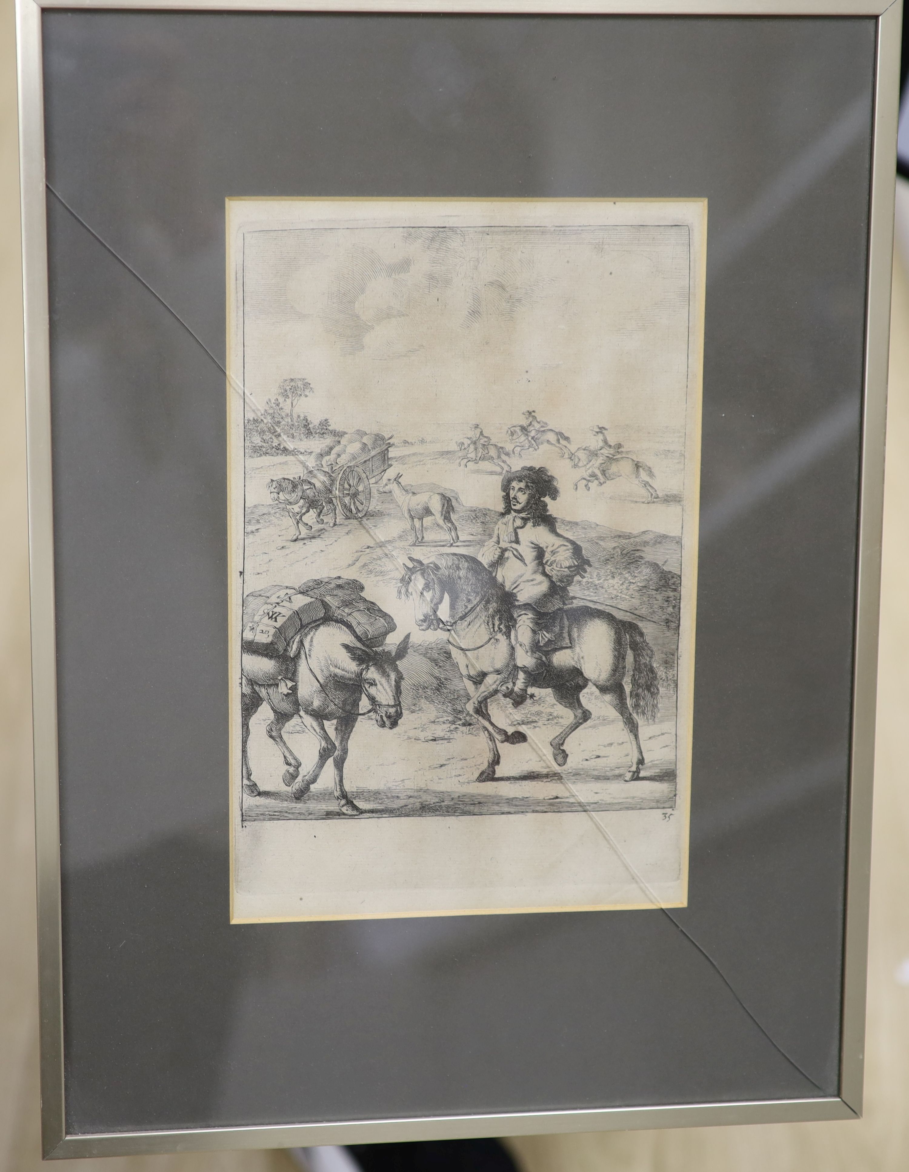 Austin Robert Sargent (1895-1973) etching, Pack Mules, signed in pencil, 13 x 16cm and an 18th century engraving